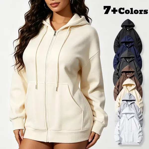 Women’s Oversized Full-Zip Hooded Sweatshirt Jacket - Drawstring Kangaroo Pockets, Zipper Closure, Casual Cardigan (Pairs with Sweatpants, Includes Hat), Matching, Solid, Basic, Tops, Cute, Fleece, Long Sleeve