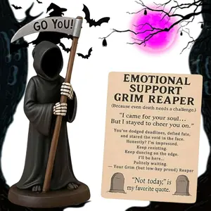 Gothic Resin Death Statue, Terrifying Grim Reaper Sculpture, Exhausted Death Figurine & Emotional Support Card, Halloween Decorations, Decorative Sculptures, Home Ornament