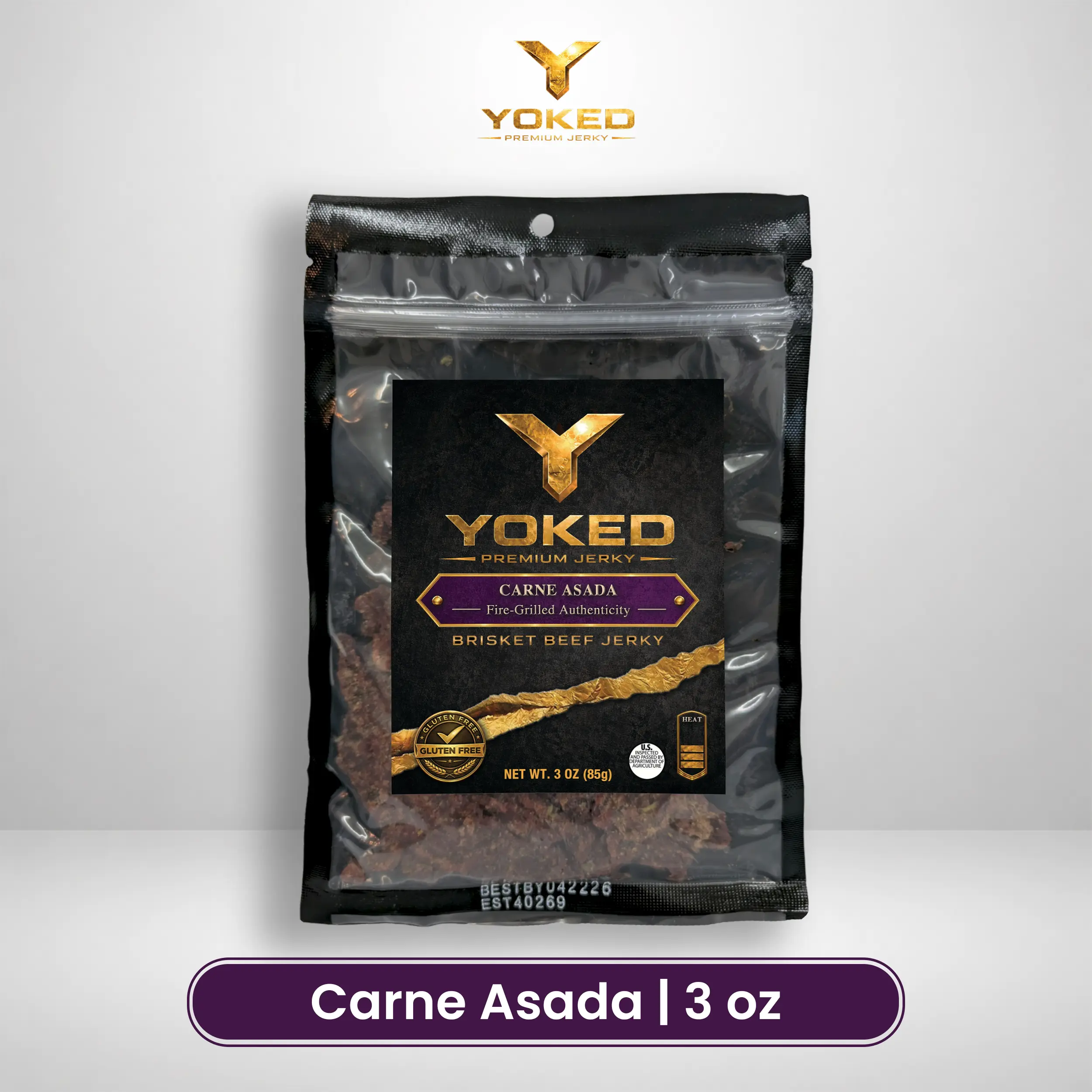 Yoked Carne Asada Beef Jerky Snack - Premium Brisket Beef Jerky 3 oz Gluten Free High Protein Low Fat Made in USA Citrus Garlic Flavor Soft Bite