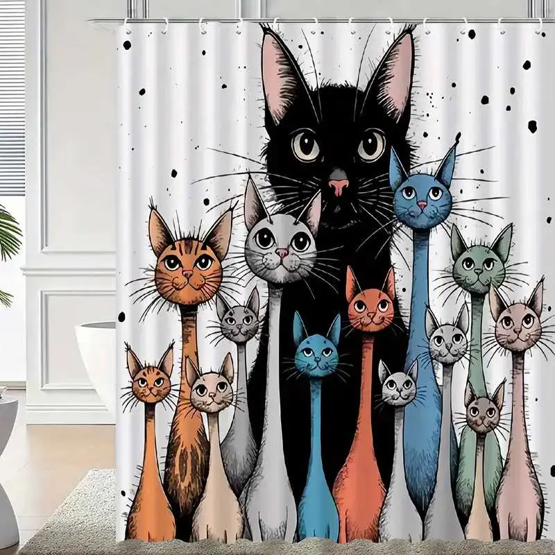 A multi-colored kitten design shower curtain, for bathroom decoration, waterproof, wear-resistant, easy to clean, machine washable, multiple sizes to choose from, send shower curtain hooks, Bathroom decoration accessories