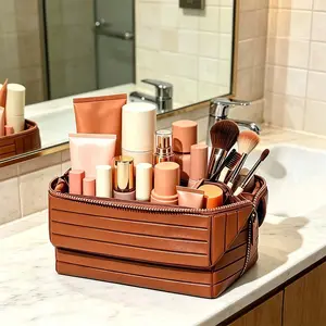 Foldable Waterproof Toiletry Bag - Large-Capacity Travel Organizer for Cosmetics, Toiletries & Essentials with Compartments - Lightweight, Smooth Leather, Durable, Leakproof, WUBYHIT