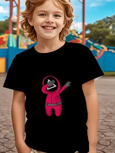 Youngsters' 3D Squid Dance Graphic T-Shirt - Black with Pink & Red Cartoon Print, Lightweight Knit Fabric, Short Sleeve Crew Neck for Summer Fun, Parties, Vacations & Outdoor Play