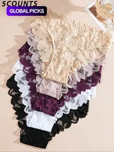 Women's Sexy Lace Underwear Set, Fitted Comfortable Breathable Panties, Multi-Color Hollow-Out Lingerie for Women's Daily Wear, Lace-Trim Panties, Fashion Comfy Underwear