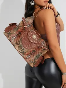 Women's Snake Skin Rivet Shoulder Bag, Vintage Metal Buckle Design, Crocodile Texture Patchwork, Large Capacity Handbag, PU Tote Satchel