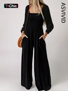 Women's Plain Ruched Shirred Smocked Pocket Wide Leg Flowy Fit Jumpsuit, Casual Fashion Bishop Sleeve Square Neck Jumpsuit for Spring & Fall, Ladies Clothes for Daily Wear