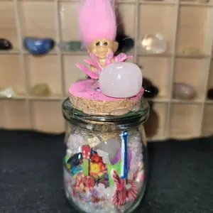 Mischief Maker Crystal Jar with PINK QUARTZ  Crystals And cute Trolls