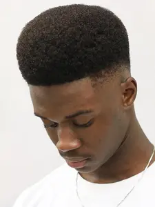 Afro Curly Men's Puff Hair Systems Ultra Thin Skin Toupee, PU Base Biological Scalp Remy Hair V-looped Men‘s Wigs Fluffy and Bouncy Hairpiece Breathable Puff Hair System Glueless Afro Wig(5*7/6*8/8*10 Inch, Black)