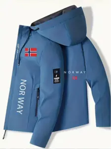 Men's Norway Flag Print Hooded Zipper Windproof Jacket, Lightweight Durable Multi-Functional Pockets, Casual Outdoor Sports Fashion Coat