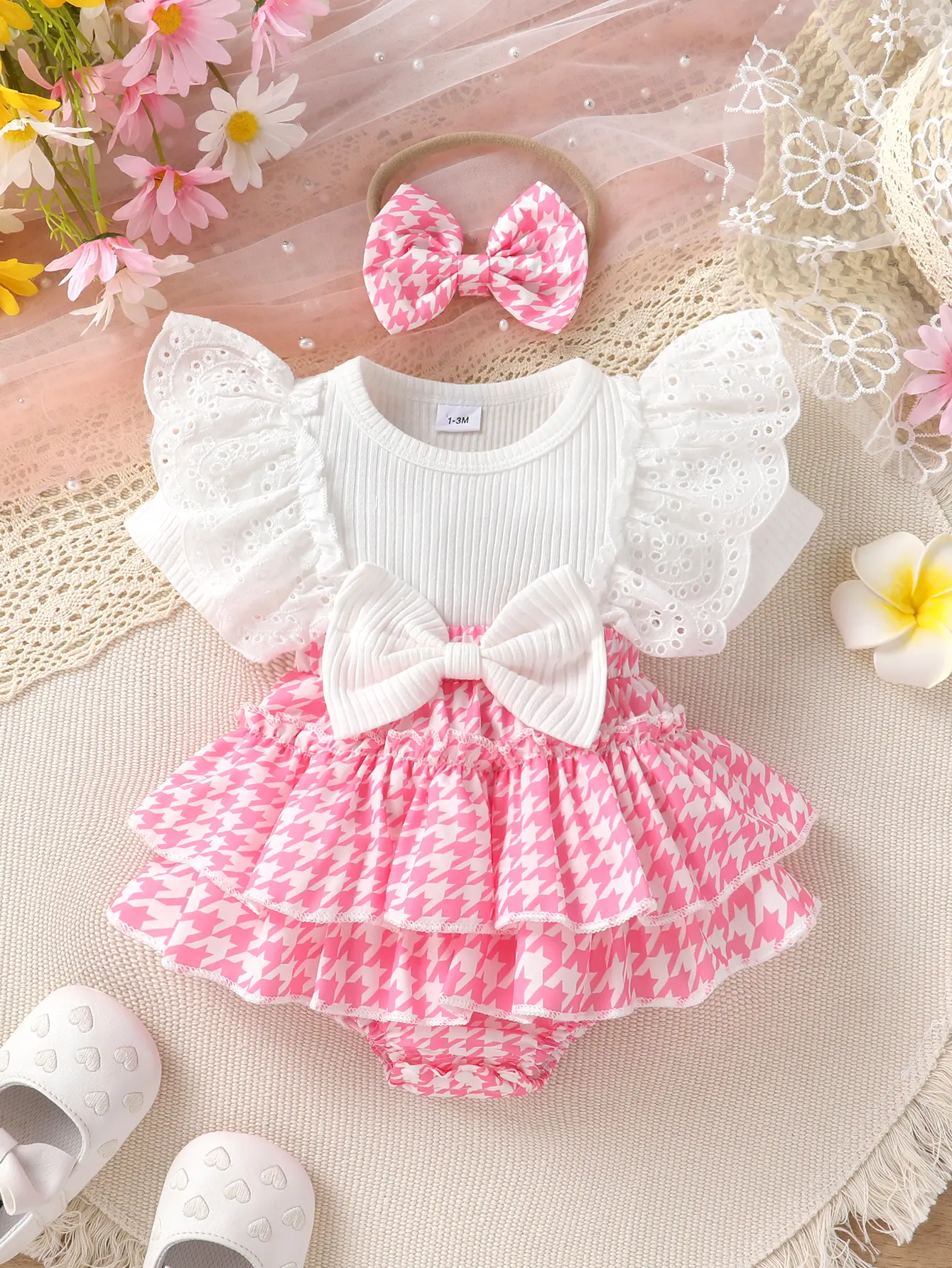 Baby Girl Houndstooth Knit Crew Neck Jumpsuit Dress Set with Bow Lace, Cake-Layered Ruffles & Headband - Soft, Comfortable, Fashionable for Spring Summer Leisure, Party, Knitting, Short Sleeve Tops, A-Line Fit, Above Knee