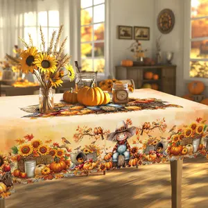 PLUMLIK Fall Harvest Tablecloth with Scarecrow Pumpkin Sunflower Haystack Patterns, Vintage Rectangular Round Table Cover, Autumn Decor Suitable for Thanksgiving Day Indoor Outdoor Holiday Party, Farmhouse Table Decoration, Home Kitchen Accessories