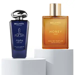BellaVita Luxury Alpha for Her & Honey Oud Perfume Bundle | 2 Full-Size Eau De Parfum 100ml | Long-Lasting Floral, Spicy & Woody Notes | Mandarin Orange, Jasmine, Patchouli, Vanilla & Bergamot | Clean & Cruelty-Free Fragrances