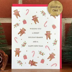 Gingerbread Dogs Christmas Card, Handmade gold foiled holiday cards