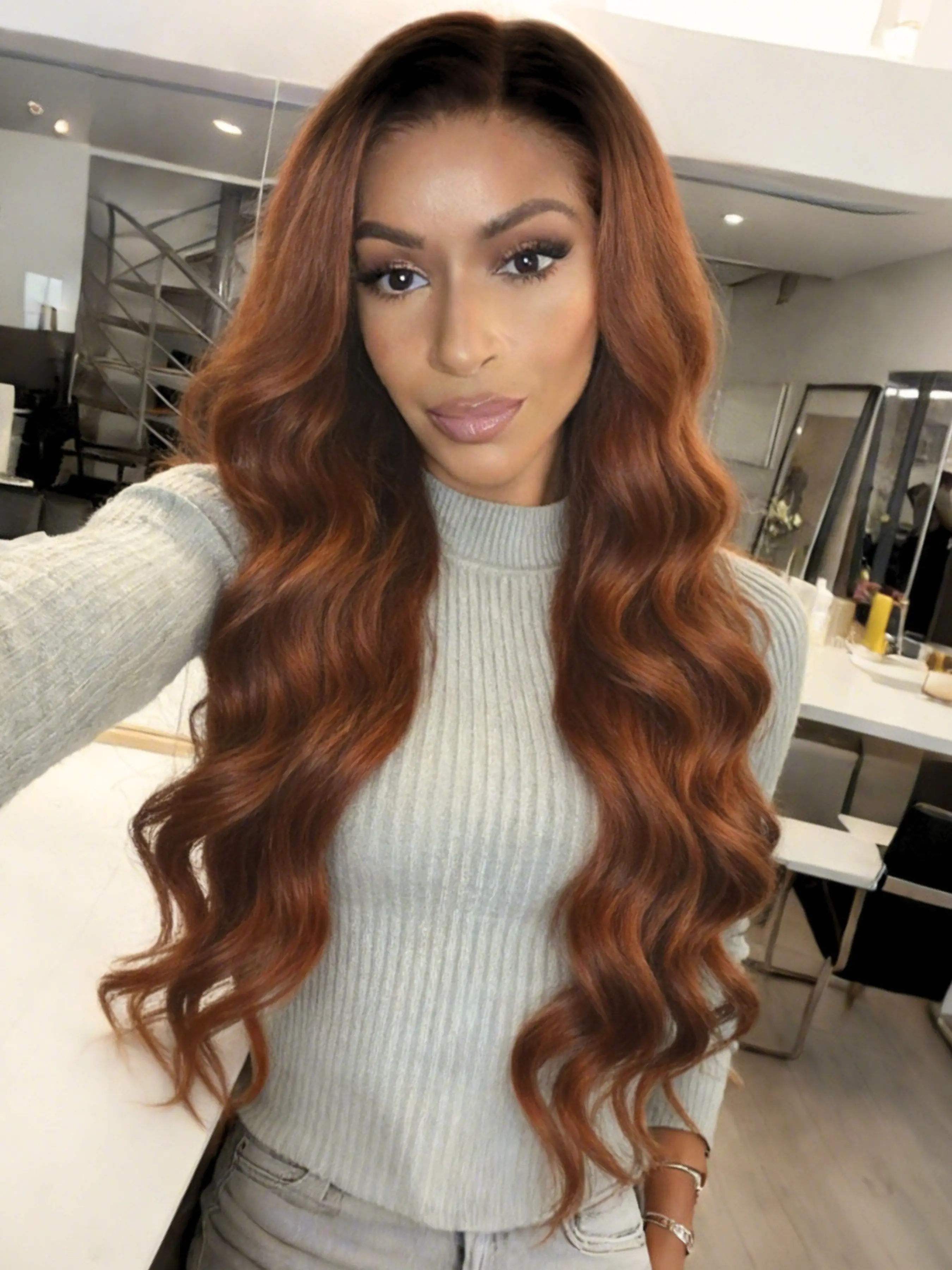 Brown with Dark Root Wavy Wig 13x4 Lace Front Wigs Pre-Plucked Hairline Synthetic Adjustable Wig Valentine Look Body Wave Wig Valentine's Day Date Night Wigs Natural Daily Wig for Women Daily Wear Work School Present Gift 28 Inch Fashion Wig