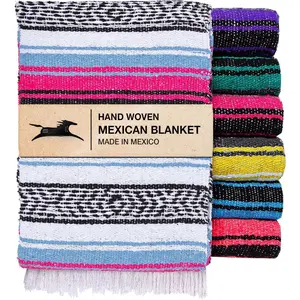 Mexican Yoga Blanket - Colorful Falsa Serape Throw for Yoga, Beach, Picnic, Saddle, or  Decor - Soft Woven Boho Blanket ( and Blue)