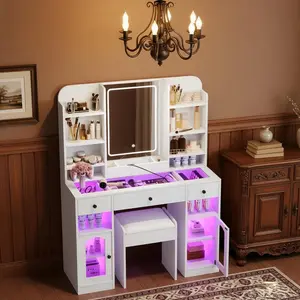 RGB LED Luxury Glass Vanity Table Complete Set for Bedroom43.2" White LED Makeup Vanity Table with RGB Lighted Glass Cabinets, Glass Top, 3 Drawers, Open Storage Shelves & Matching Stool, Modern Bedroom Dressing Desk