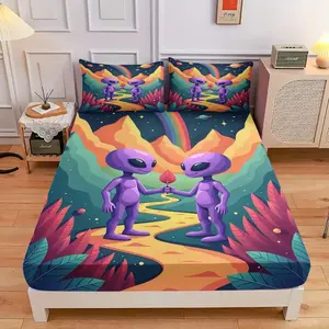 3-Piece Comfortable Alien Friendship Rainbow Planetary Bed Hat Set, High-Definition Digital Printing, Soft And Breathable, 100% Polyester Fiber, Perfect Gift For All Seasons, Suitable For Family And Friends. Clearance Sale