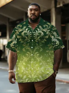 Men's Gold Gradient Baroque Shirt, Vintage Colorblock Plus Size, Summer Breathable Comfort Casual Wear, Loose-Fitting Shirt