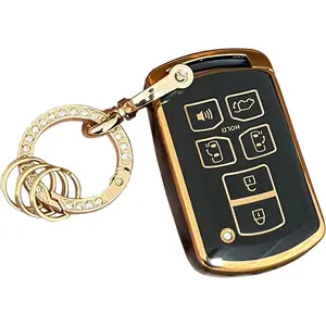 For Toyota Key Fob Cover Key Fob Shell With KeyChain Fit for Toyota Sienna 2011-2020 Car Smart Key (Black-Gold)
