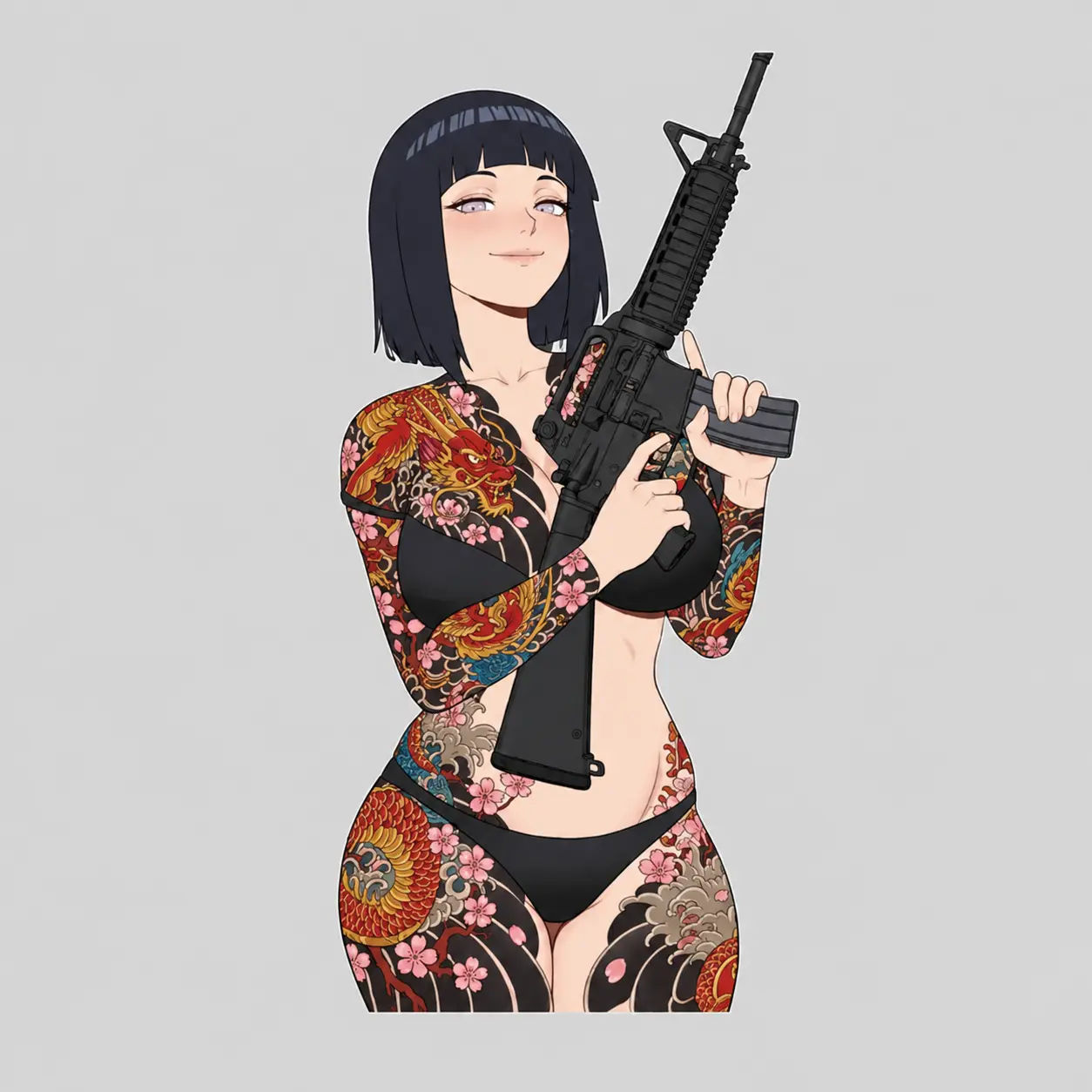 Premium Die-Cut Tactical Hinata Sticker - Yakuza Tattoo Anime Girl with AR-15 - Waterproof Gun Case Decal