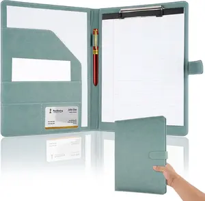 Professional Padfolio with Clipboard, Faux Leather Portfolio Folder Binder, Legal Pad Holder for A4 Letter Size Notepad, Resume, Writing, Ideal Organizer for Business Office Conference (Gray Green)