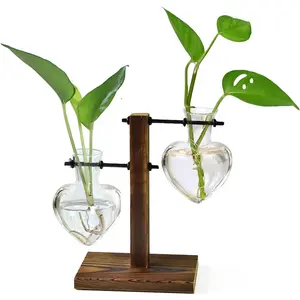 Terrarium Wooden Stand, Hydroponic Planter Bulb Glass Metal Swivel Holder Retro Air  Water  for  Office Decoration,Gifts for  Lover Wife Mom- 2 Love Bulb Vase