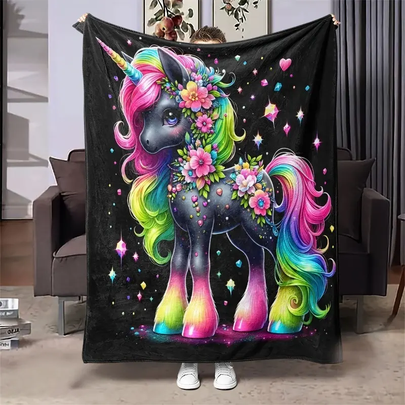 A High-Definition Printed Blanket Featuring Colorful Cartoon Unicorn Elements, Suitable for Use As an Air Conditioning Blanket Or a Nap Blanket, Perfect for Home And Camping