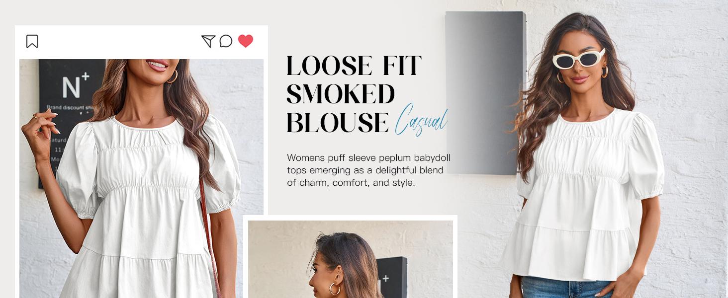 Tankaneo Womens Puff Sleeve Peplum Babydoll Tops Summer Smoked Pleated Cotton T-Shirts Casual Loose Fit Flowy Blouse