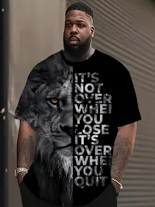 Men's Lion Print T-Shirt, Loose Fit Casual Streetwear, Breathable Polyester Blend, Short Sleeve, All Seasons, Large Size Available Top