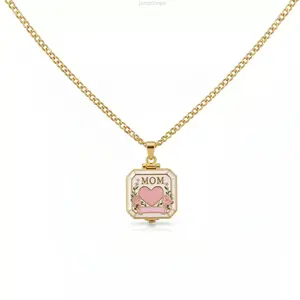Mom Locket Pendant Necklace, 14K Gold Plated Openable Enamel Jewelry Box Charm, Pink Heart Crystal Locket for Mother’s Day Gift