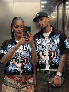 Matching Couple Brooklyn Graphic Button Up Shirts - Retro Hip-Hop Print, Black & Blue Streetwear Short Sleeve Tops for Men & Women, Oversized & Cropped Versions Available