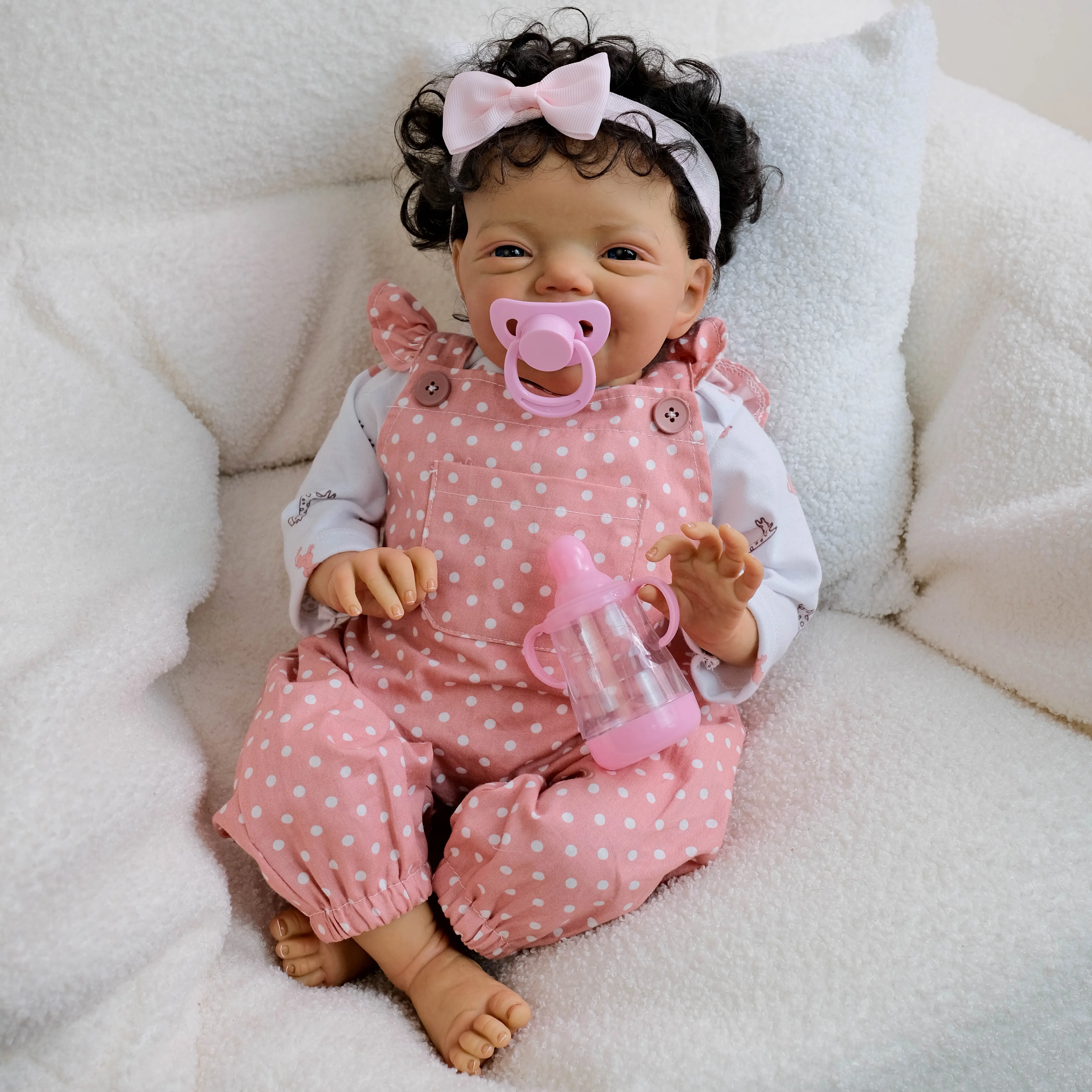 20-inch Unisex Charlie African American Baby Doll - Realistic Look, Curly Hair, Blue Eyes, Vinyl Body, Pink Polka Dot Overalls, BPA-Free, Latex-Free, No Eyelashes, Premium Construction Gift Set for 4-6 Years First-Time Owners, Christmas Toy