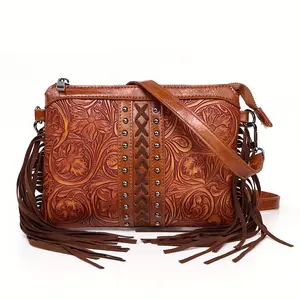 Bohemian Women's Crossbody Bag, Aztec Underarm Weekend Bag, Western Style, Fashionable Casual Bag, Embossed PU Bag with Fringe Tassel, and Detachable Adjustable Strap, Perfect for Shopping, Events, Parties, to Hold Cell Phone, Cards and Makeups