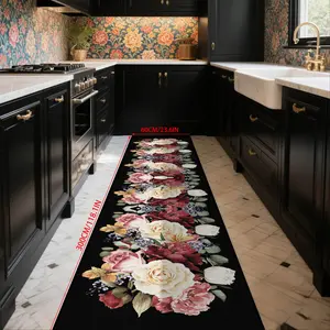 Crystal Velvet Floral Pattern Long Strip Carpet, Elegant Edging Indoor Outdoor Home Decor Runner Rug, Bedroom Living Room Hallway Mat, Home Decorative Rugs