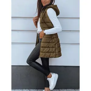 100% Polyester Lightweight 1g/m2 Hooded Puffer Vest - Elegant Solid Color All-Season Coat - Warm Thickened Jacket For Women