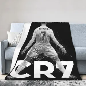 CR7 Ronaldos Football Figure Print Flannel Throw Blanket, Warm Player Graphic, Contemporary Bedding & Lounge Decoration, Figure Print Blanket