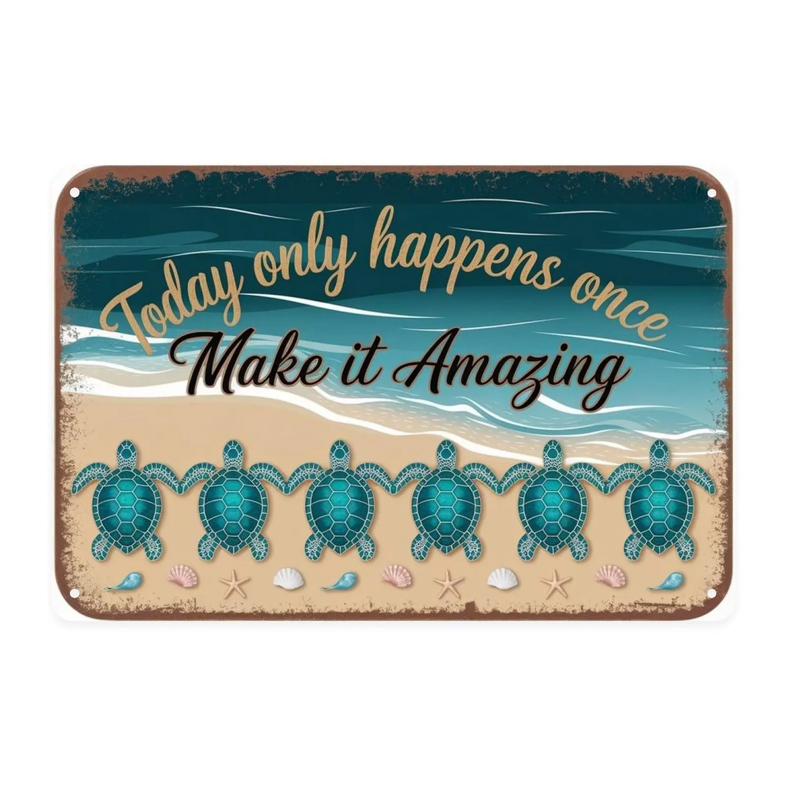 Ocean Turtle Beach Quote Tin Sign, Vintage Coastal Sea Turtle Metal Sign Print Aesthetic Room Decoration for Home Bedroom Kitchen Bar Coffee Bathroom Indoor Outdoor Wall Decor, 8 X 12 IN