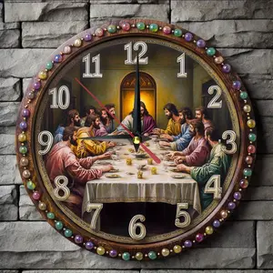 A religious-themed wooden round wall clock, perfect for farmhouse-style home decor. It looks great in the kitchen, bedroom, or office. It's easy to read, silent, doesn't require batteries, and measures 9.8X 9.8inch in size