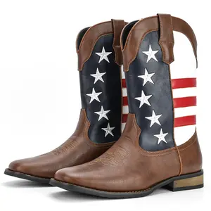 Personality fashion five-pointed star flag men's cowboy boots plus size cowboy boots tall tops riat men para caballero men western cowboy Vintage Western High-Top Cowboy Boots cowgirl boots Patriotic style