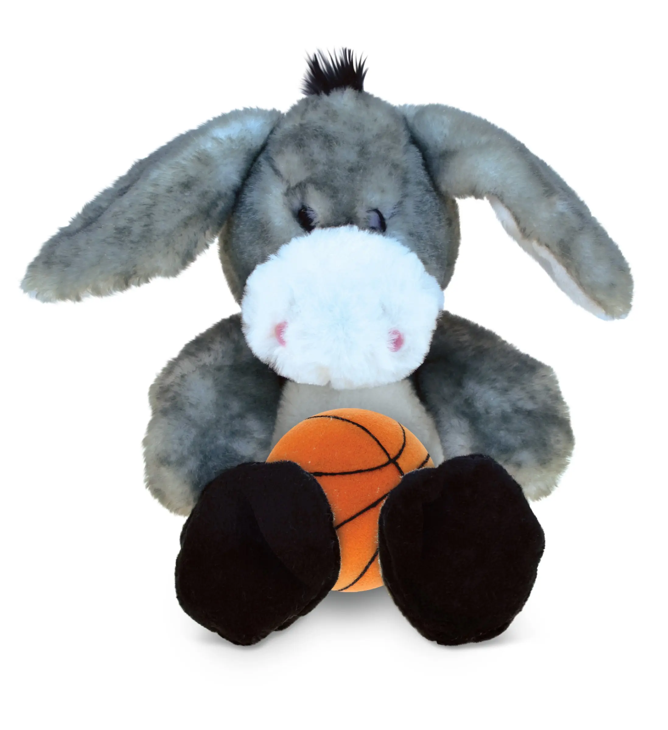 Dollibu Sitting Grey Donkey Soft Plush - 9l x 3.5w x 8h In Machine-Sewn Sports Theme Animal Shaped Stuffed Toy with Basketball, Toddler Birthday Gifts, Farm-Themed Room Decor, Customization Option, Animal Shaped Stuffed Toys