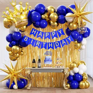 Royal Blue and Gold Party Decorations Metallic Balloons, Banner, and Fringe Curtain for Men