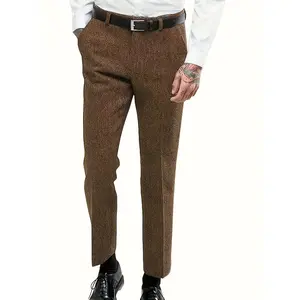 Men's Vintage Dress Pants Unpleated Herringbone Tweed Trousers