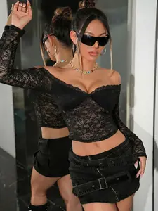 🔥 Viral Off-Shoulder Lace Women Crop Top | Sheer Mesh & Slim Fit, Y2K Baddie Aesthetic for Night Out/Party OOTD ✨ Womenswear #LaceCropTop #OffShoulderTop #Y2KFashion #NightOutOutfit #TikTokFashion #BaddieStyle