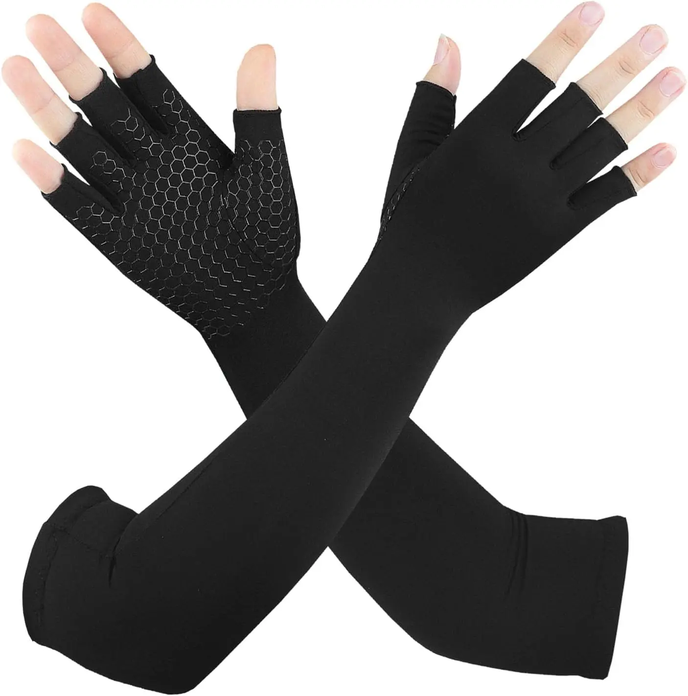 Long Copper Arthritis Gloves for Carpal Tunnel, Compression Gloves for Hand Pain Relief, Wrist Arm Support, Fingerless Typing Gloves for Rheumatoid, Tendonitis, Fits Women Men, 1 Pair, Medium