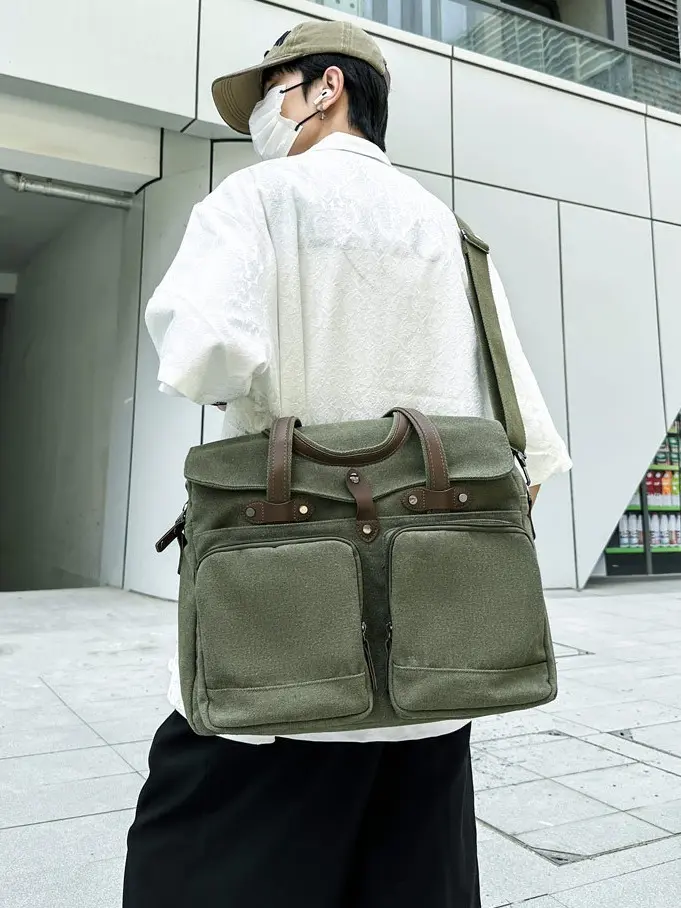 Vintage Canvas Messenger Tote Bag, Multi-pocket Laptop Handbag with Detachable Adjustable Crossbody Strap, Casual Work Shoulder Bag for Daily Commute, Travel & Outdoor