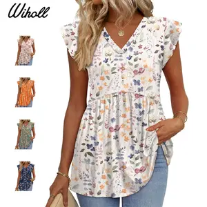 WIHOLL Womens Summer Tops 2026 Babydoll Shirts Ruffle Sleeve Spring Outfits Dressy Casual Blouses