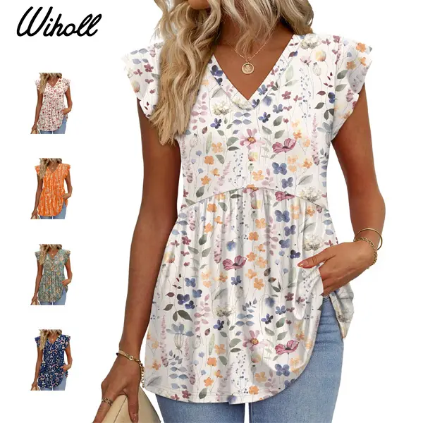 WIHOLL Womens Summer Tops 2026 Babydoll Shirts Ruffle Sleeve Spring Outfits Dressy Casual Blouses