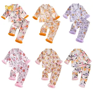 TWO PUMPKINS Toddler Girl Halloween Pajamas Fuzzy Trim Long Sleeve Button Down Shirt Top and Pants 2pcs Pjs Sets Sleepwear