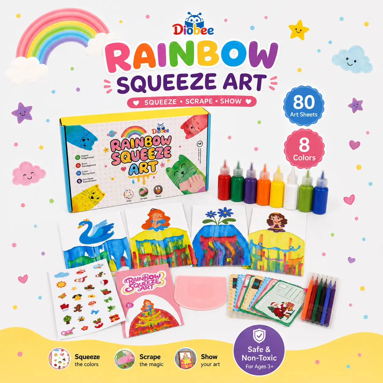 Diobee Kids' Rainbow Squeeze Art & Scratchboard Craft Kit, 8-Color Squeeze Paint, 80 Postcard Art Sheets, Watercolor Pens, Stickers, Scraper Tool, DIY Painting Supply for Ages 3+
