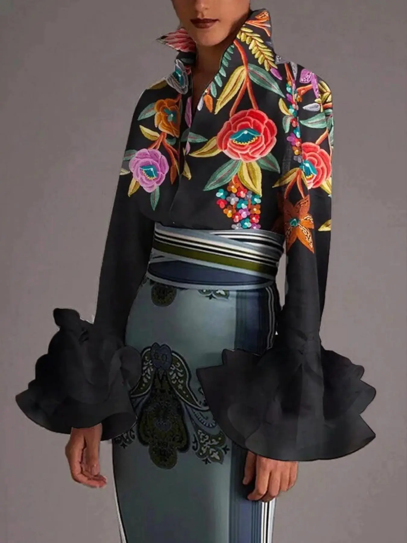 Women's Floral Print Button Front Layered Sleeve Shirt Blouse, Elegant Long Sleeve Collared Top for Daily Wear, Ladies Clothes for All Seasons, Casual Blouse Shirt