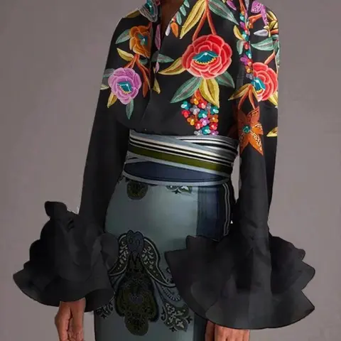 Women's Floral Print Button Front Layered Sleeve Shirt Blouse, Elegant Long Sleeve Collared Top for Daily Wear, Ladies Clothes for All Seasons, Casual Blouse Shirt, Feminine